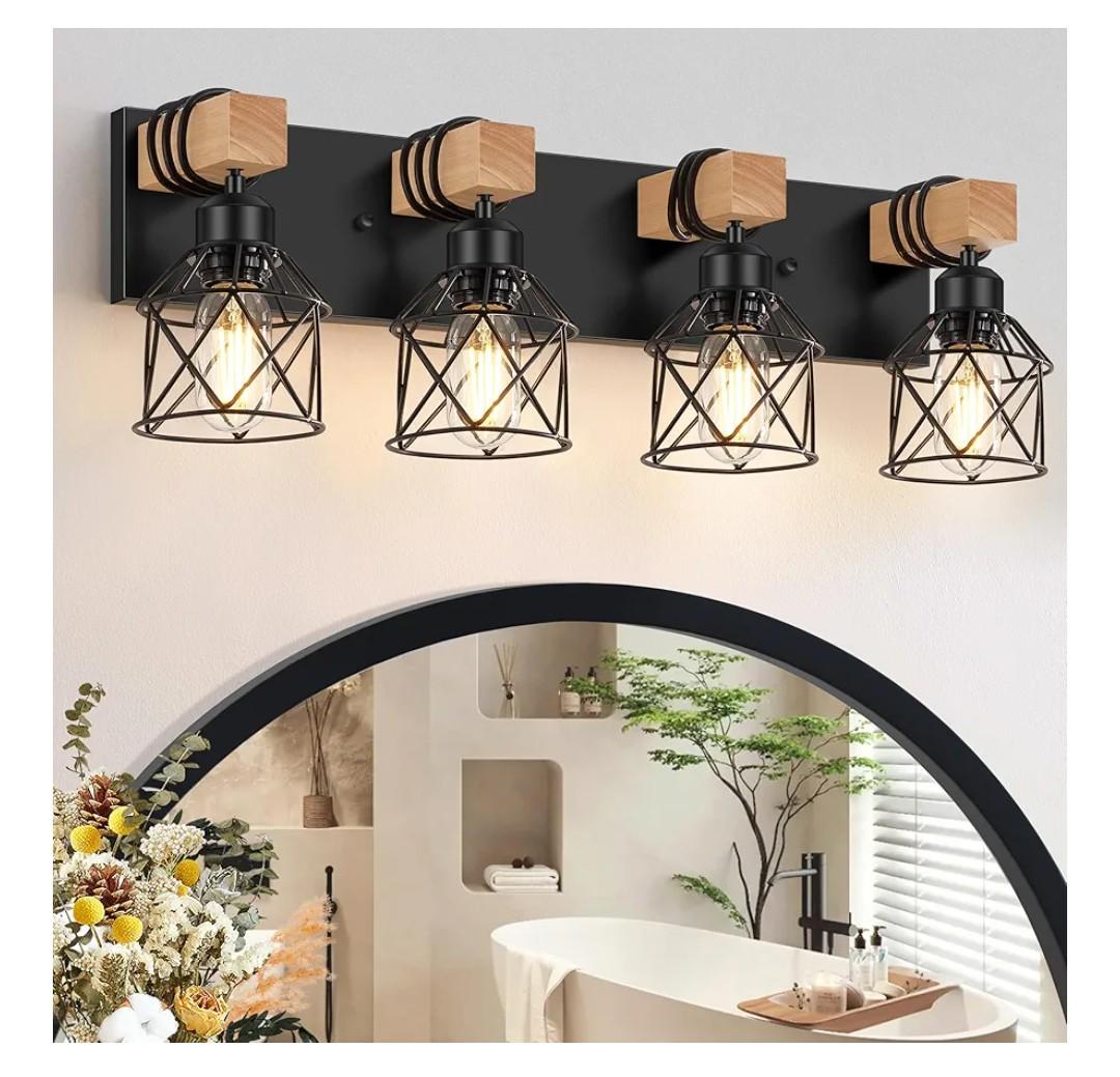 FadimiKoo 4-Light Rustic Style Wood Bathroom Vanity Light Fixtures, Black Bathroom Lighting with Cage Metal Shade, Farmhouse Wall Sconces for Hallway, Bedroom, Dressing Table