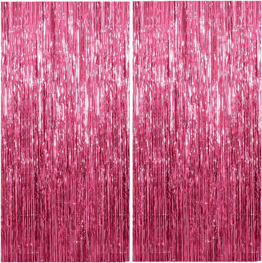 2 Pack Foil Curtain Backdrop Pink Metallic Tinsel Foil Fringe Curtains Photo Booth Props for Birthday Valentines Day Wedding Engagement Baby Shower Bachelorette Christmas Holiday Party Decorations