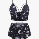 DRESSFO Women's High Waisted Bikini Sets Two Piece Padded Retro Vintage Tummy Control Swimsuit Gothic Bathing Suit L