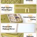 Velvet Travel Jewelry Box with Large Mirror, Double-Layer Jewelry Organizer Case for Women and Girls, Portable Storage Case with 6 Anti-Tarnish Bags Gift Ready for Her (Avocado Green)