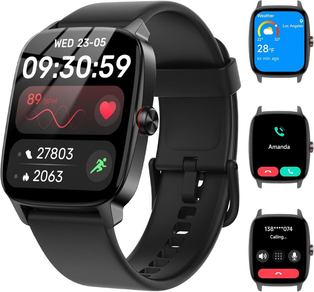 Smart Watch for Men Women with Bluetooth Call & AI Voice, 1.85" HD Fitness Tracker with Heart Rate SpO2 Sleep Monitor, 100+ Sports Modes, Mini Games, IP68 Waterproof Smartwatch for Android iOS Phones (Black)