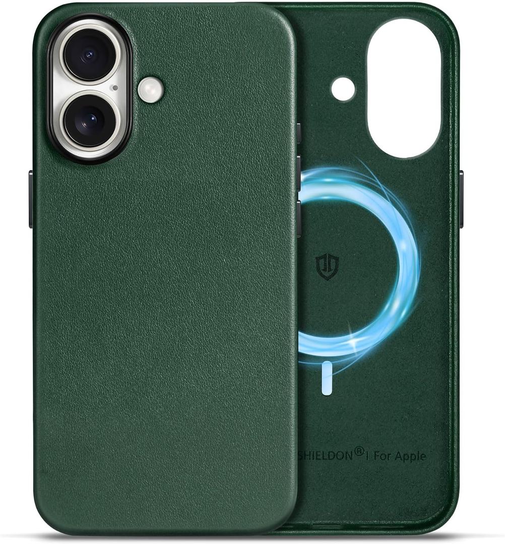 SHIELDON Real Leather Case for iPhone 17 6.3" 2025 | Compatible with Magsafe, Magnetic Wireless Charging, Slim Fit, Comfort Grip, Non-Slip, Shockproof, Metal Button, Protective Phone Cover - Evergreen