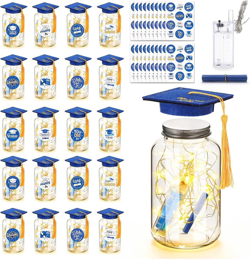 20 Sets 2026 Graduation Table Decoration with LED Lights, Mason Jar Graduation Centerpieces for Tables with Class of 2026 Felt Cap, Paper Roll, Stickers, College High School Grad Party Gifts(Blue)