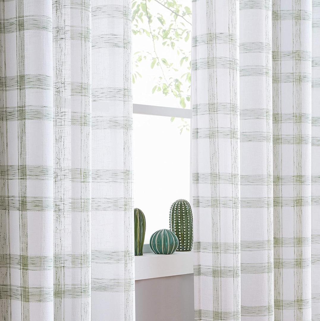 White Green Geometric Window Curtain Panel Pairs 54 Inch Long for Living Room Linen Blend Semi Sheers Grommets Top Rustic Farmhouse Style Window Treatment Drape Sets for Bedroom 54"x54"x2, Sage/White (54"W x 54"L (Pack of 2))