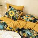 Wake In Cloud - Boho Comforter Set, Floral Farmhouse Bohemian Chic Style with Colorful Sunflowers and Birds Pattern, Soft Lightweight Bedding, 3 Pieces, Amber Black, Queen Size