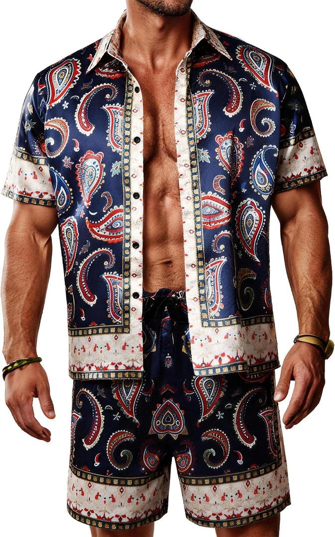 Mens Hawaiian Shirt Sets Satin Silk Casual Button Down Shirts 2 Piece Luxury Summer Beach Outfits for Men, Navy Blue XL