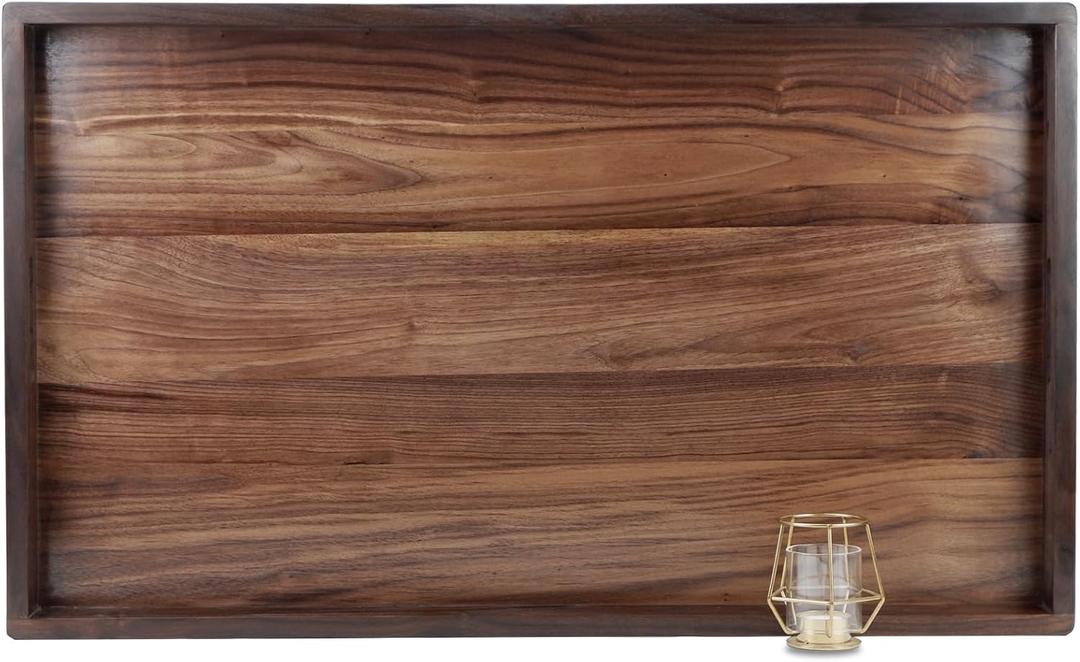 34 x 20 Inches Extra Large Rectangle Black Walnut Wood Ottoman Tray with Handles, Serve Tea, Coffee Classic Wooden Decorative Serving Tray