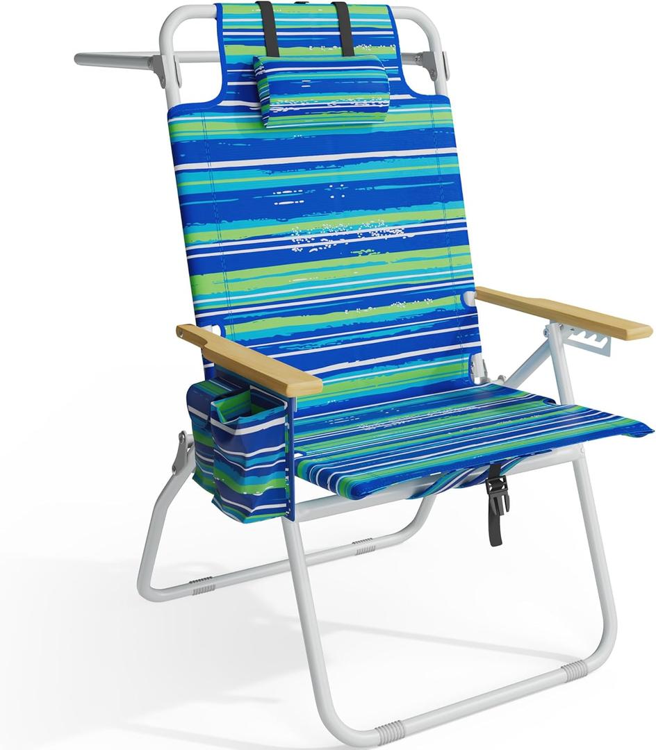 Tall Beach Chairs for Adults, 17" High Backpack Beach Chair with Wooden Armrests, 5 Positions Reclining Heavy Duty Chair with Large Cooler Pouch, Support to 350LBS Striped Blue&Green, Pack of 1