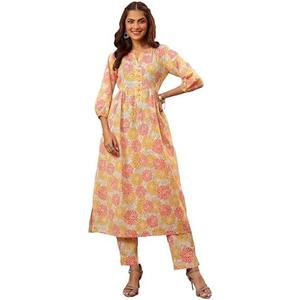 Janasya Indian Women's Cotton Off White Floral Print Casual Wear Kurta Set for Women XL
