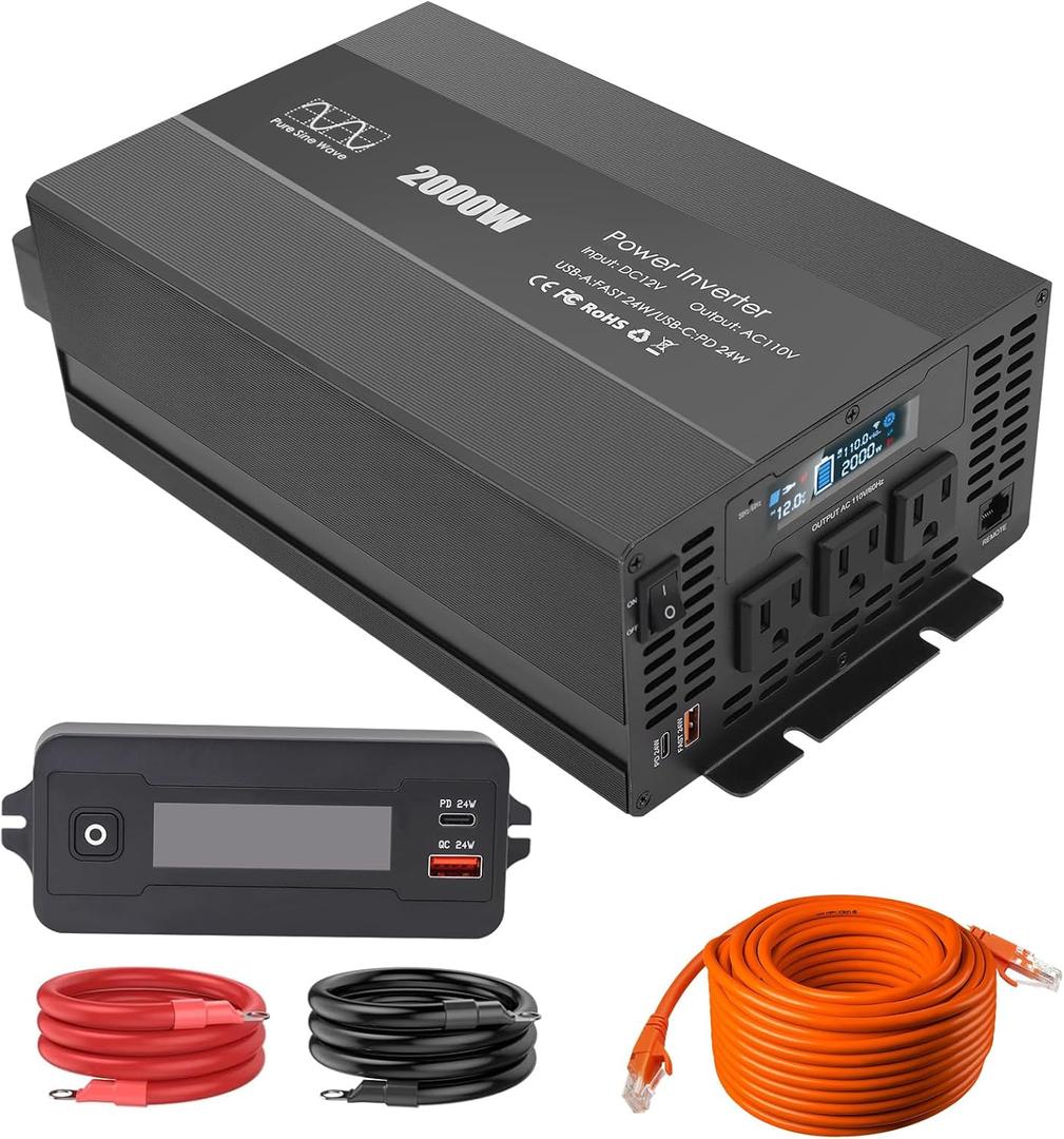 2000W Pure Sine Wave Inverter  12V DC to 120V AC Converter for Home, RV, Truck  Off-Grid Solar Power Inverter with Built-in USB/USB-C Ports [IN06]