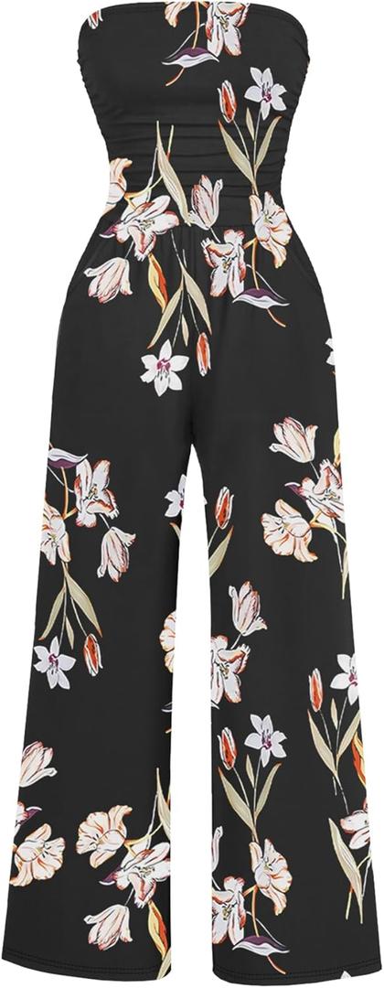 AUXDIO Women's Casual Summer Strapless Jumpsuits Off Shoulder Sleeveless Backless 2025 Wide Leg Romper with Pocket (Black Print)