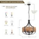 Refice 19.69" Rattan Chandelier, 5-Light Boho Chandelier with Natural Woven Reed Shade, Black Farmhouse Hanging Ceiling Light Pendant Light for Dining Room, Living Room, Foyer, Bedroom Hallway