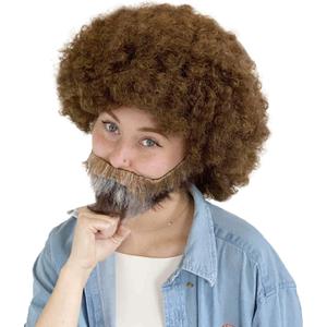 HPO Adult Unisex 80's Painter Brown Afro Wig and Brown and Patches of Gray Beard Set | Easy and Classic Celebrity Costume | Premium Halloween & Cosplay Wig (Adult)