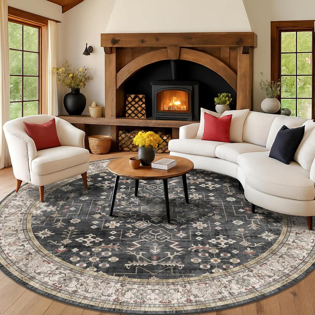 10ft Round Washable Rug - Large Area Rug for Living Room, Dining Room, Black Soft Farmhouse Bedroom Carpet with Geometric Floral Pattern, Modern Boho Dcor, Low Pile & Soft Stain Resistant