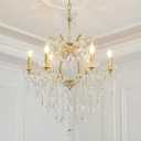 Vintage Gold Crystal Chandelier 6-Light Candle Style Pendant Light
K9 Crystal, Polished Golden Metal Frame, Pre-installation Chandelier Arms, Adjustable Chain, For Dining Room Entryway Bedroom