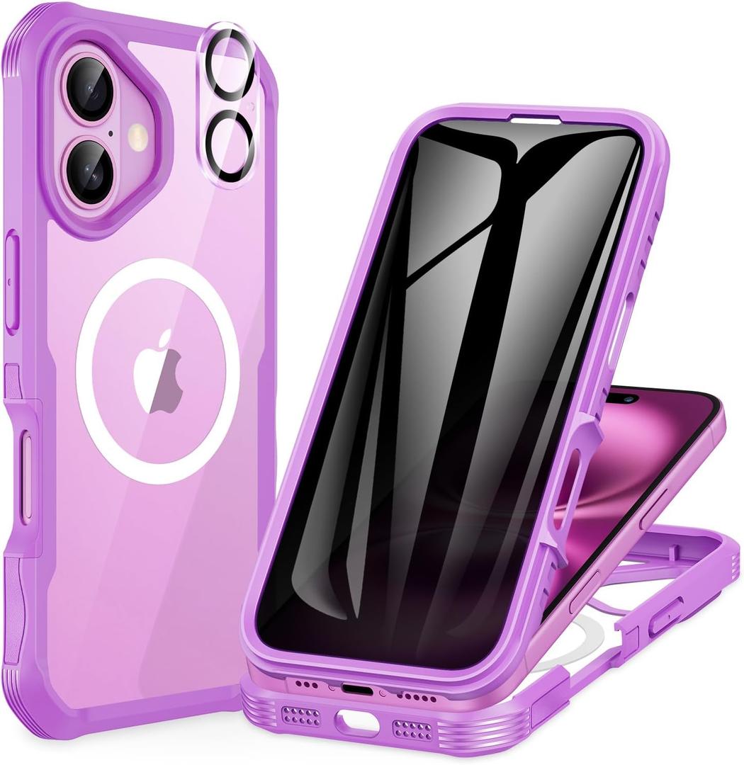 CENHUFO Magnetic Privacy for iPhone 16 Plus Case [Compatible with Magsafe] Full Body Phone Case Built-in 9H Tempered Glass Privacy Screen Protector and Camera Lens Cover, Shockproof Bumper -Rose Pink