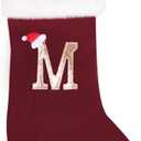 20 Inches Initial Monogram Christmas Stocking Personalized,Deluxe Black Velvet Body with Super Soft Plush Cuff Embroidered Letter,Holiday Season Decor (Wine Red, Letter M)