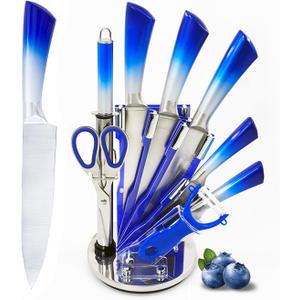 Kitchen Knife Set, 9-Piece Blue Professional Kitchen Knives Set with Acrylic Block, Non Stick Sharp Stainless Steel Chef Knife Set with Sharpener for Cutting Kitchen Gifts for Women
