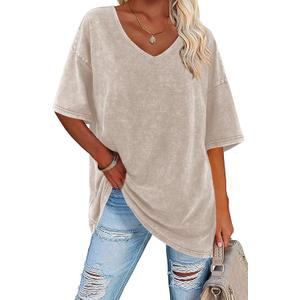 Flowyair Womens Oversized T Shirts Summer Loose Fit Cotton Short Sleeve Basic Tees Casual V Neck Boyfriend Tunic Tops (X-Large, Beige Gray)