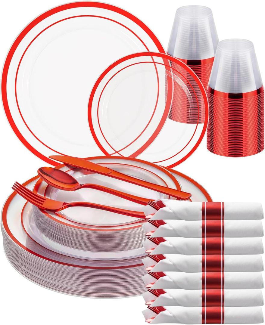 Goodluck 175 Pcs Red Plastic Plates, Clear Plastic Silverware Disposable Plates Set, Include 50 Plates, 25 Pack Pre Rolled Napkins with Silverware, 25 Cups for Party, Christmas, Graduation, Wedding