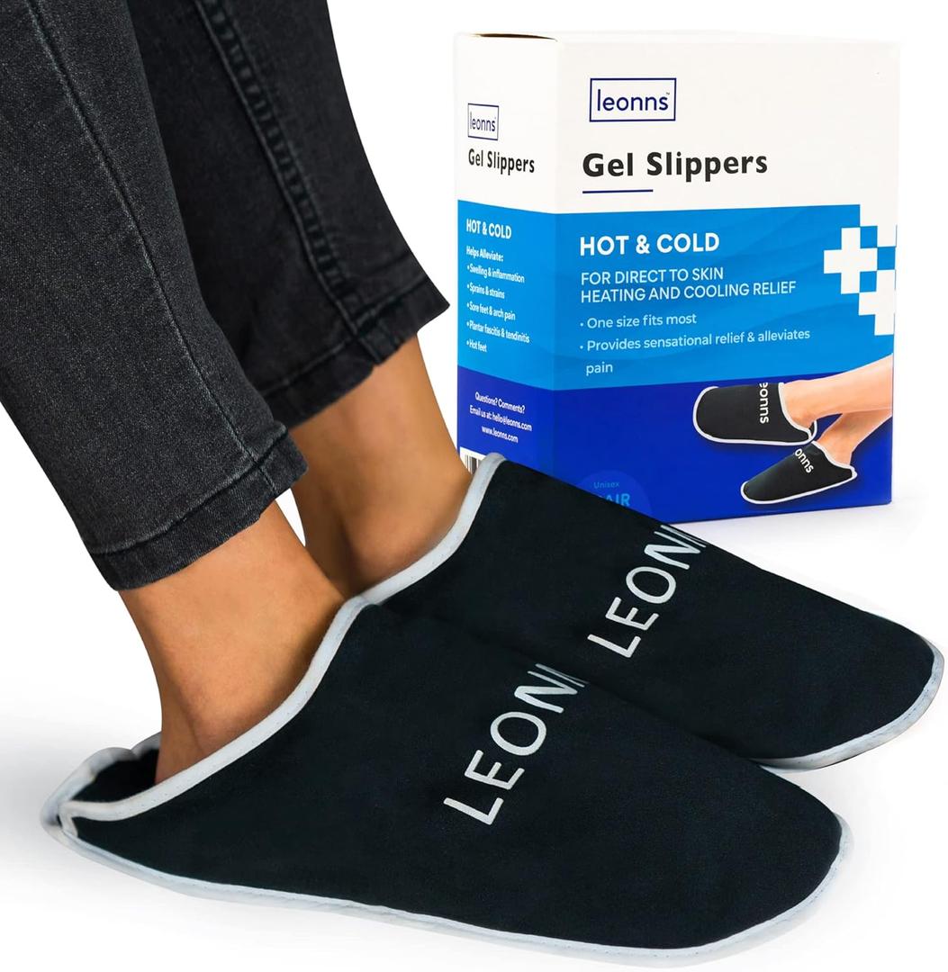 LEONNS Gel Ice Pack Slippers - Provides Hot and Cold Therapy for Foot Pain, Neuropathy Pain Relief for Feet, Gout Relief, Swollen Feet, Plantar Fasciitis and Heel Spurs- One Size Fits Most (Black)