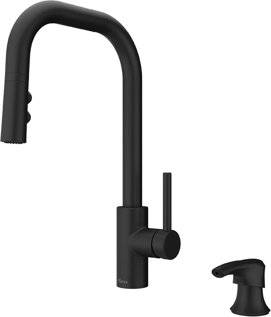 Pfister Zanna Kitchen Faucet with Pull Down Sprayer and Soap Dispenser, Single Handle, High Arc, Matte Black Finish, F5297ZNRB