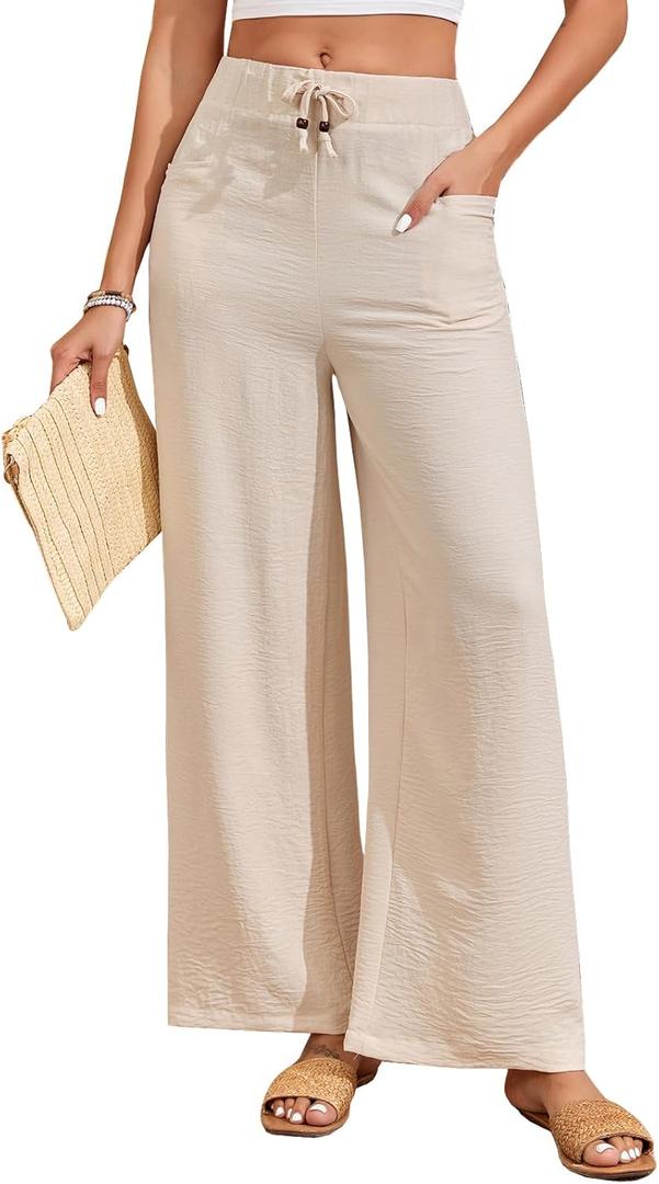 ALSOGO Women's Palazzo Pants Dressy Drawstring Elastic Waist Casual Wide Leg Trousers with Pockets 2025 Summer (Large, Beige)