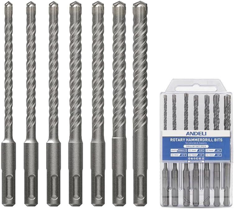 ANDELI 7 PCS SDS-Plus Rotary Hammer Drill Bit Set, Carbide-Tipped, 6.3" Length, 3/16" to 1/2" Diameter, for Concrete, Cement, Stone, Brick, Ceramic Pots & More