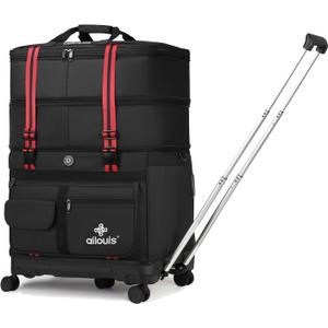 Expandable Foldable Luggage Bag with Telescoping Handle Collapsible Suitcase with Removable Wheels Rolling Travel Duffel Bag for Men Women (Medium, BLACK)