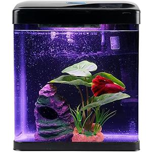 Betta Fish Tank Self Cleaning Glass 2 Gallon Small Nano Aquarium Starter Kits Desktop Room Decor w/LED Light Decorations & Whisper Filters Water Pump (Fish Tank)