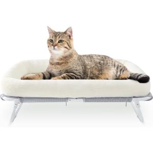 Sunhoo Elevated Cat Bed Foldable Raised Hammock For Small Dog Off Floor Indoor Puppy Kitten Cot Free Standing High Chair For Kitty Pet Outdoor with Metal Frame Washable Cover 25.2*15.75*7.48inWhite