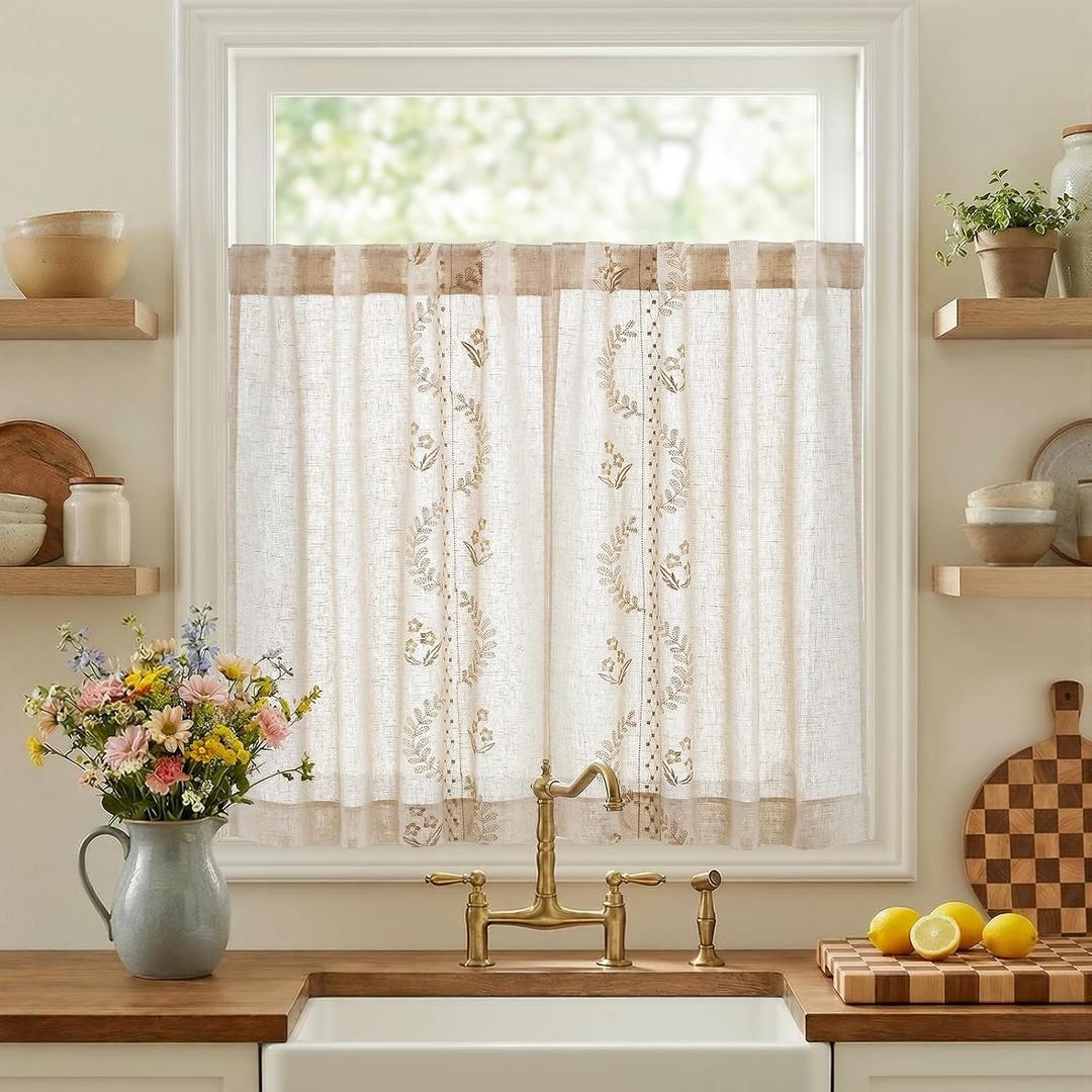 jinchan Belrose Linen Floral Kitchen Curtains 36 inch Length Embroidered Farmhouse Cafe Curtains for Living Room Bathroom Small Windows Curtain Set Sheer Light Filtering 2 Panels Beige