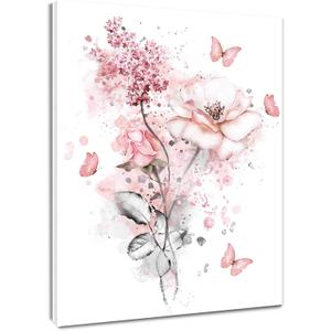 LB Pink Flower Wall Art Pink Butterfly Grey Leaf Canvas Wall Art for Bedroom Fantasy Floral Painting Wood Framed Prints Wall Decor for Living Room Bathroom,16x24 inches
