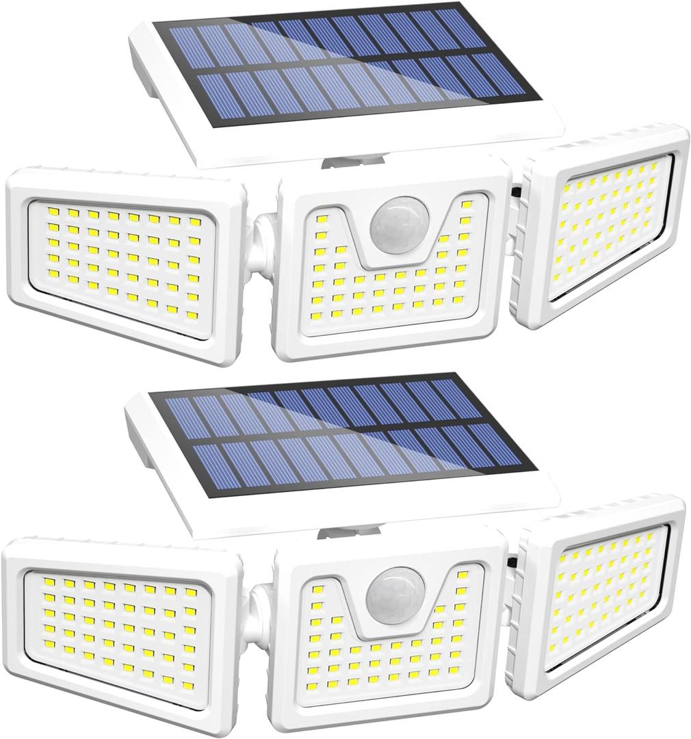 INCX 156 LED Solar Motion Lights Outdoor 2 Pack, 3 Heads Solar Security Lights with Motion Sensor IP65 Waterproof, Flood Lights for Wall, Patio, Garden, Porch, Garage White