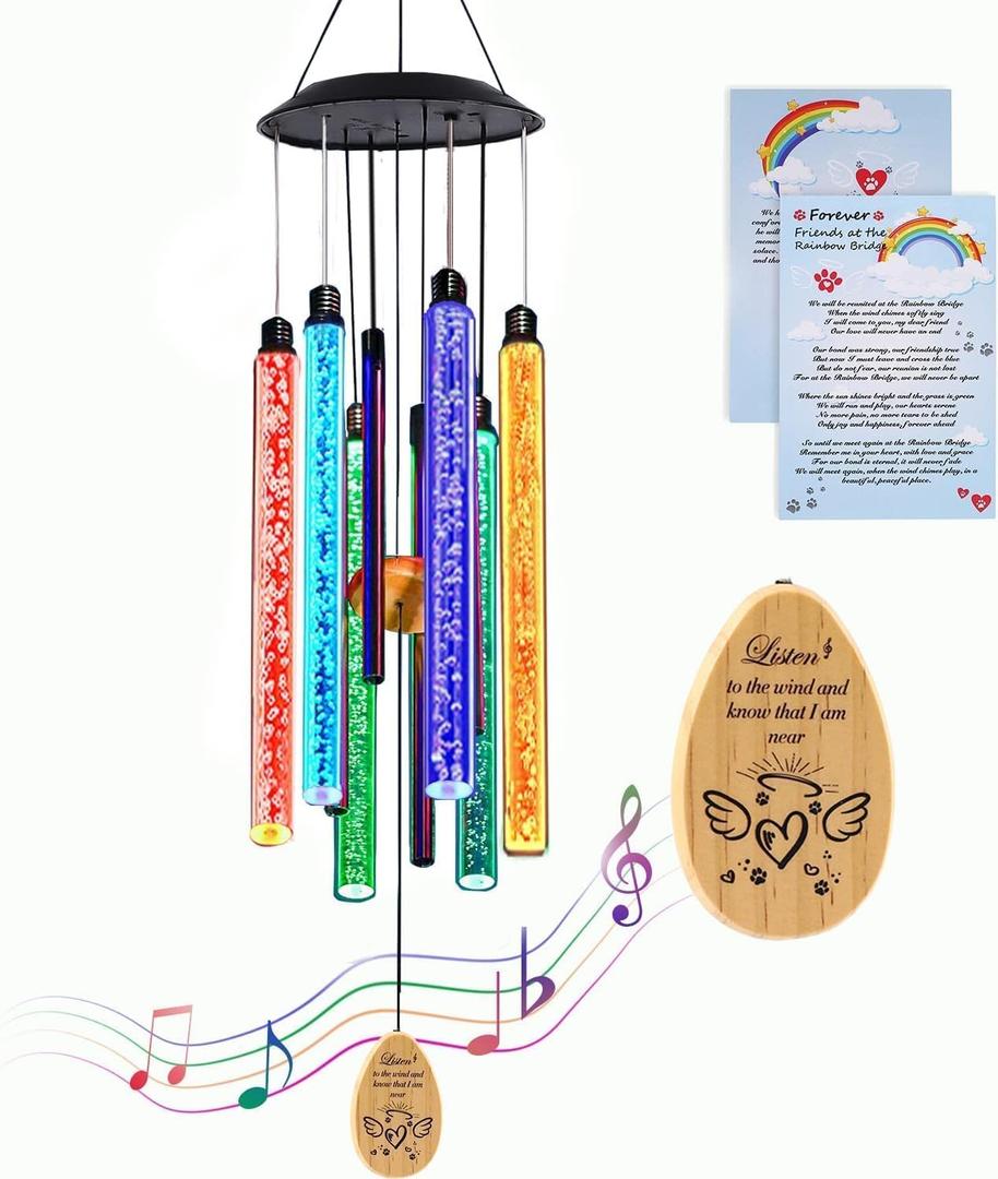 Solar Pet Memorial Wind Chime, Dog Memorial Gifts for Loss of Dog, Rainbow Bridge Pet Memorial Gifts, Loss of Dog Sympathy Gift, in Memory of Dog, 6 LED Tubes Color Changing Rainbow, 33 Inches