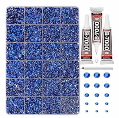 33000Pcs Rhinestones for Bedazzling, 3mm Bedazzler Kit with Flatback Rhinestones for Clothes Crafting Crafts Nails Clothing, Flat Back Resin Colored Crystal with B 7000 Glue Clear (Blue, Large Pack + 3pcs Glue)