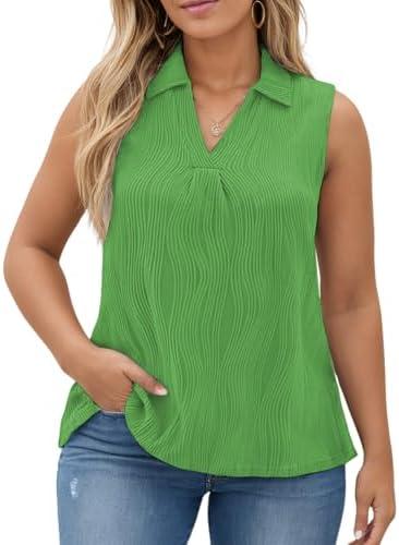 DOLNINE Womens-Plus-Size-Summer-Tank-Tops Dressy V Neck Collared Polo Shirts Casual Sleeveless Tunics Trendy Textured Blouses, 2XL, Green