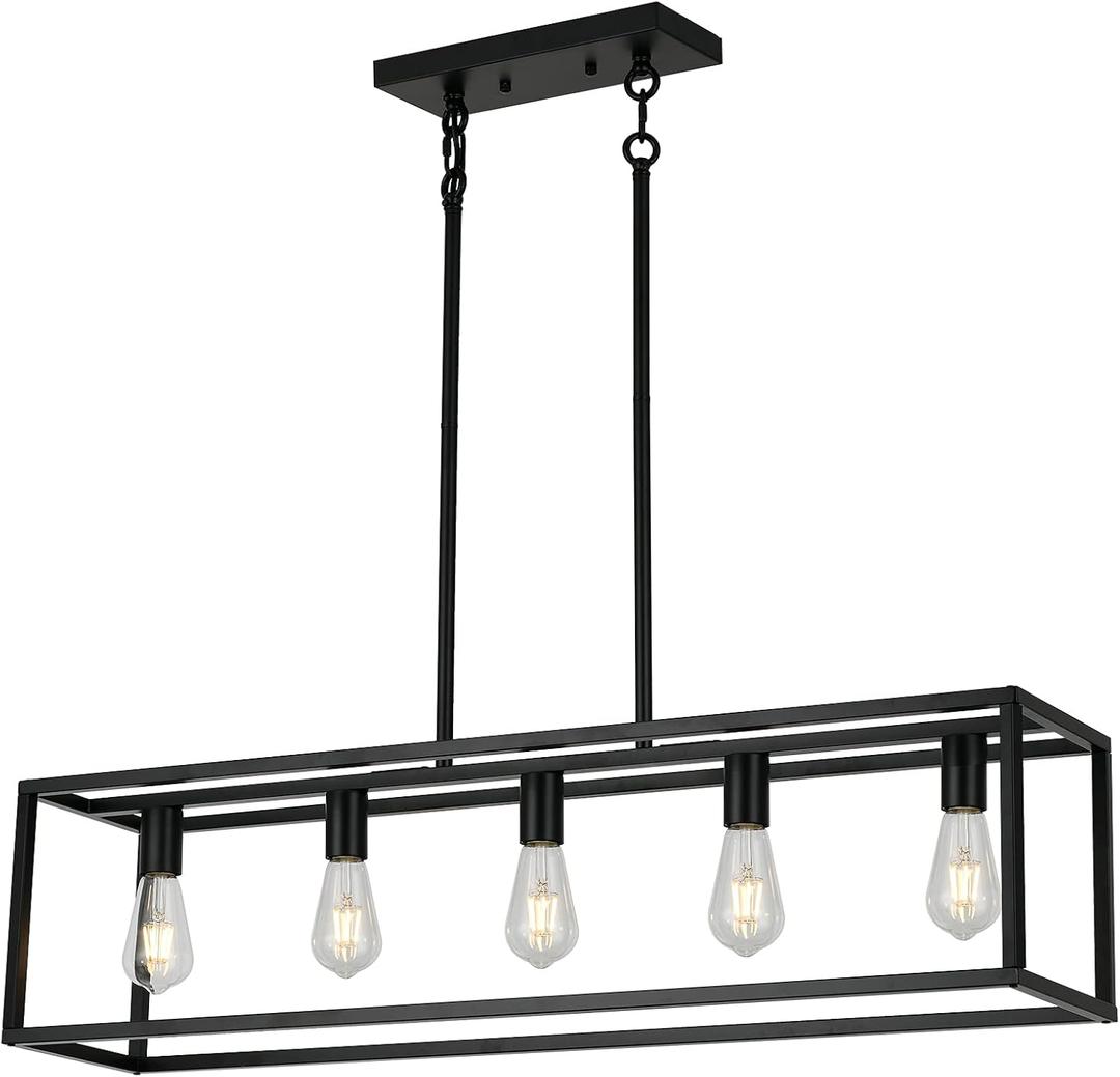 XILICON Kitchen Island Lighting Farmhouse Chandeliers Black 5 Light Modern Dining Room Lighting Fixtures Hanging, Kitchen Island Cage Linear Pendant Lights Ceiling Light