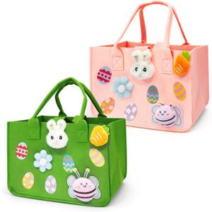 Aviski 2PCS Easter Egg Hunt Bags, Easter Bunny Gift Bags with Handles, Easter Treat Bags, Felt Easter Bags for Gifts Wrapping, Egg Hunt Game, Easter Party Supplies, 12" x7.8" x6.8"(Pink + Green)