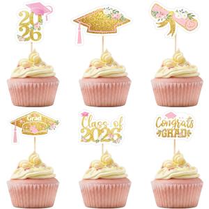 Sliner 60 Pcs 2026 Pink Gold Floral Graduation Cupcake Toppers Glitter Class of 2026 Cupcake Toppers Adjustable Congrats Grad Cap Diploma Cup cake Picks for Graduation Theme Party Cake Supplies
