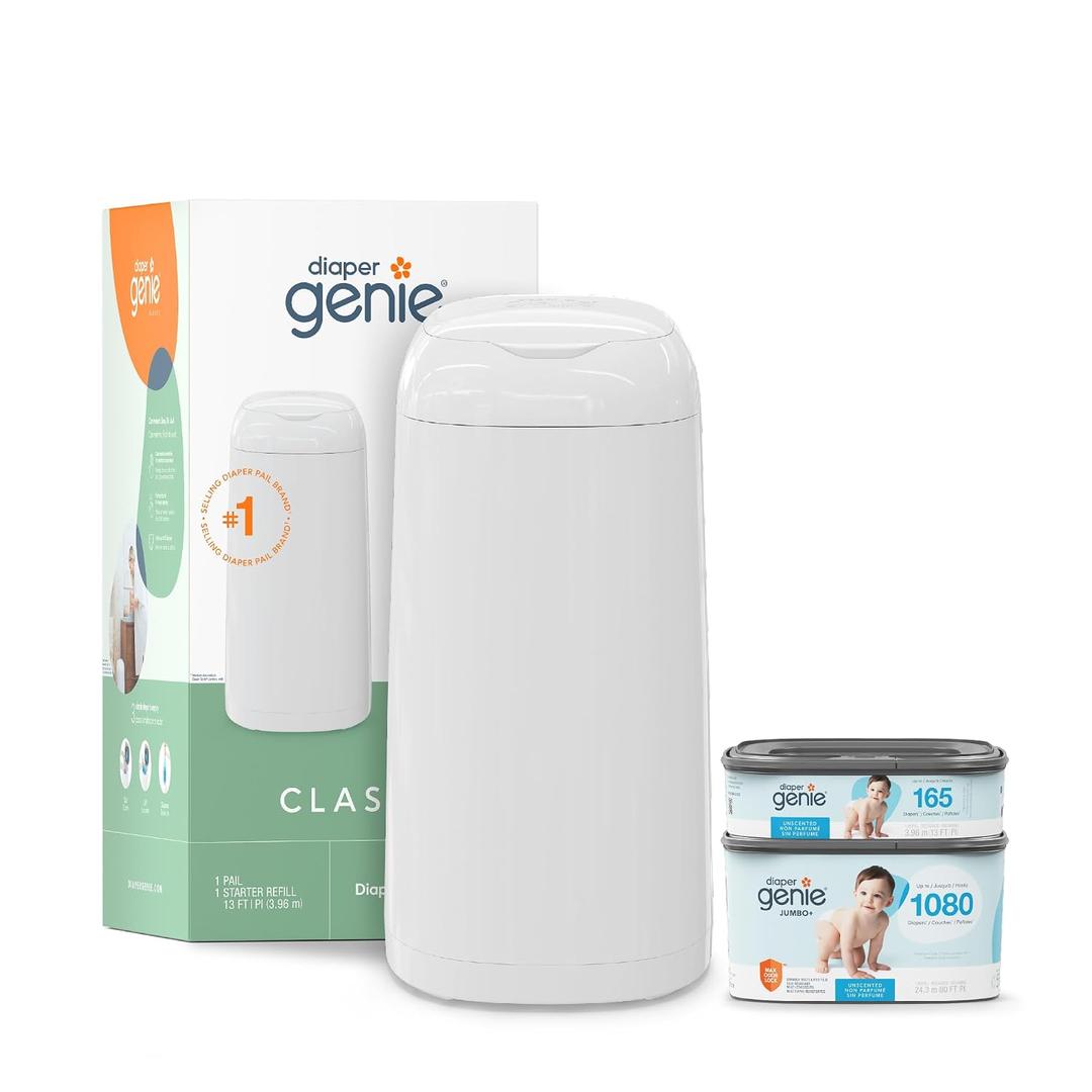 Diaper Genie Classic Diaper Pail Gift Set | Push-N-Lock Odor Control | Includes Starter Refill and Jumbo+ Refill | Holds up to 1,245 Newborn Diapers | Baby Registry Must-Have