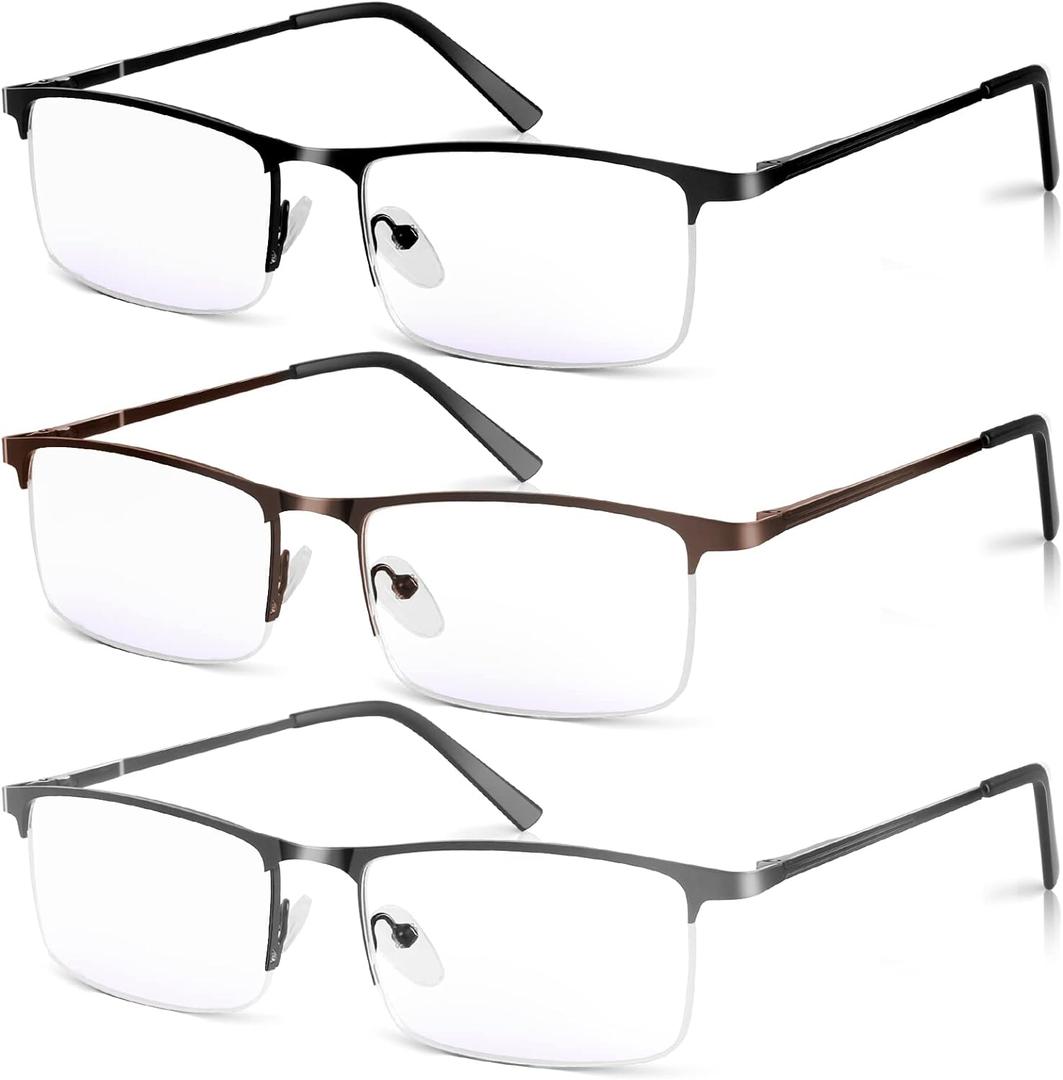 3 Pack Blue Light Blocking Reading Glasses for Men, Stylish Half Frame Metal Computer Readers, Lightweight Spring Hinge Eyeglasses Anti Eyestrain/Glare/UV (Mix Color, Black+Grey+Brown, 2.75)