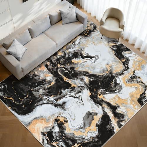 Yinhua Washable Rug 5x7, Marble Black and Gold Rugs Non Slip, Abstract Area Rugs Low Pile, Soft Faux Wool Modern Throw Rug Pet Friendly, Contemporary Floor Carpet for Living Room Bedroom Kitchen
