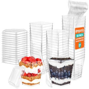 Emporio Kitchen 5oz Plastic Dessert Cups with Lids and Spoons - Appetizer Cups for Pudding, Parfait, Ice Cream, and Cocktails, BPA-Free, Clear Reusable Serving Cups, Elegant Design, Pack of 50