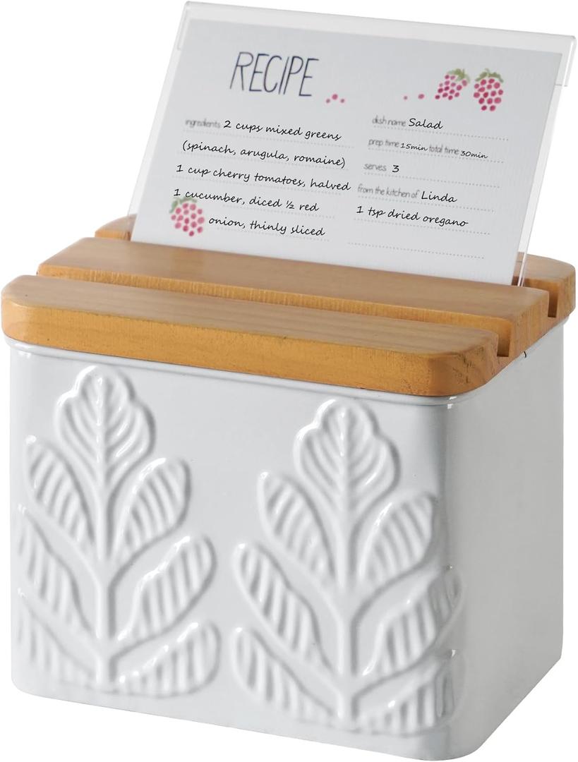 Recipe Box with Cards and Dividers Set 4x6 Recipe Holder for Kitchen Counter Metal White Plant Pattern Embossed Recipe Card Box with Wooden Grooved Lid