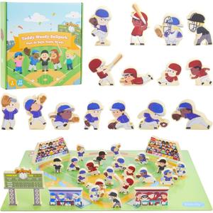 Baseball Blocks Toy Playset, Wooden Baseball Figures with Assembly Ballpark, Baseball Learning Toys, Mini Baseball Games, Baseball Player Figurines, for Kids, Toddlers & Families