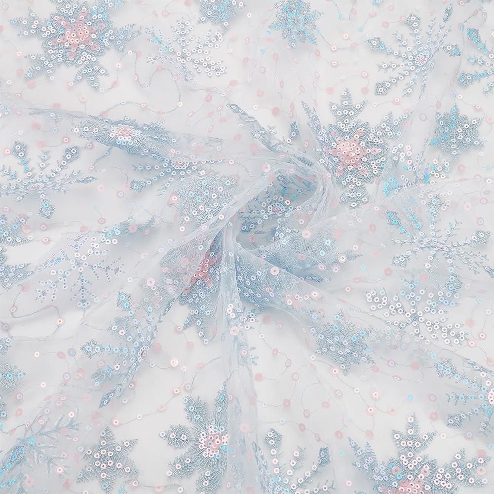 BENECREAT 1 Yard Snowflake Sequins Tulle, 61inch Light Blue Sheer Organza Fabric Snowflake Embroidered Mesh Lace for Garment Accessorie, Veils Dress, Curtain Home Christmas Decorations