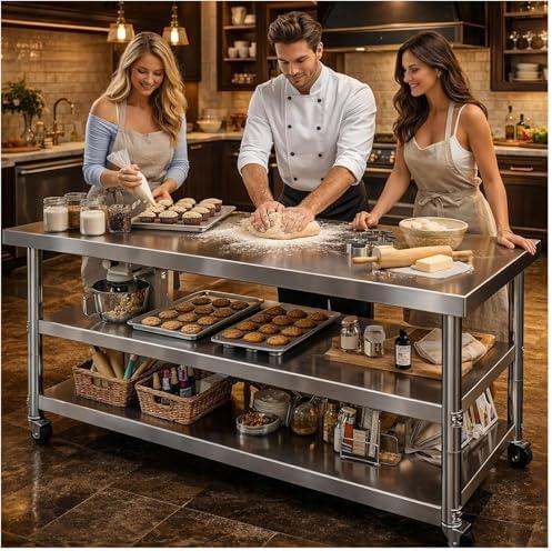 Stainless Steel Prep and Work Table with Wheels, Multi-Size Heavy-Duty Metal Commercial Kitchen Commercial Workbench,Suitable for Restaurants, Homes,Outdoor and Hotels (60" Lx24 Wx34 H)