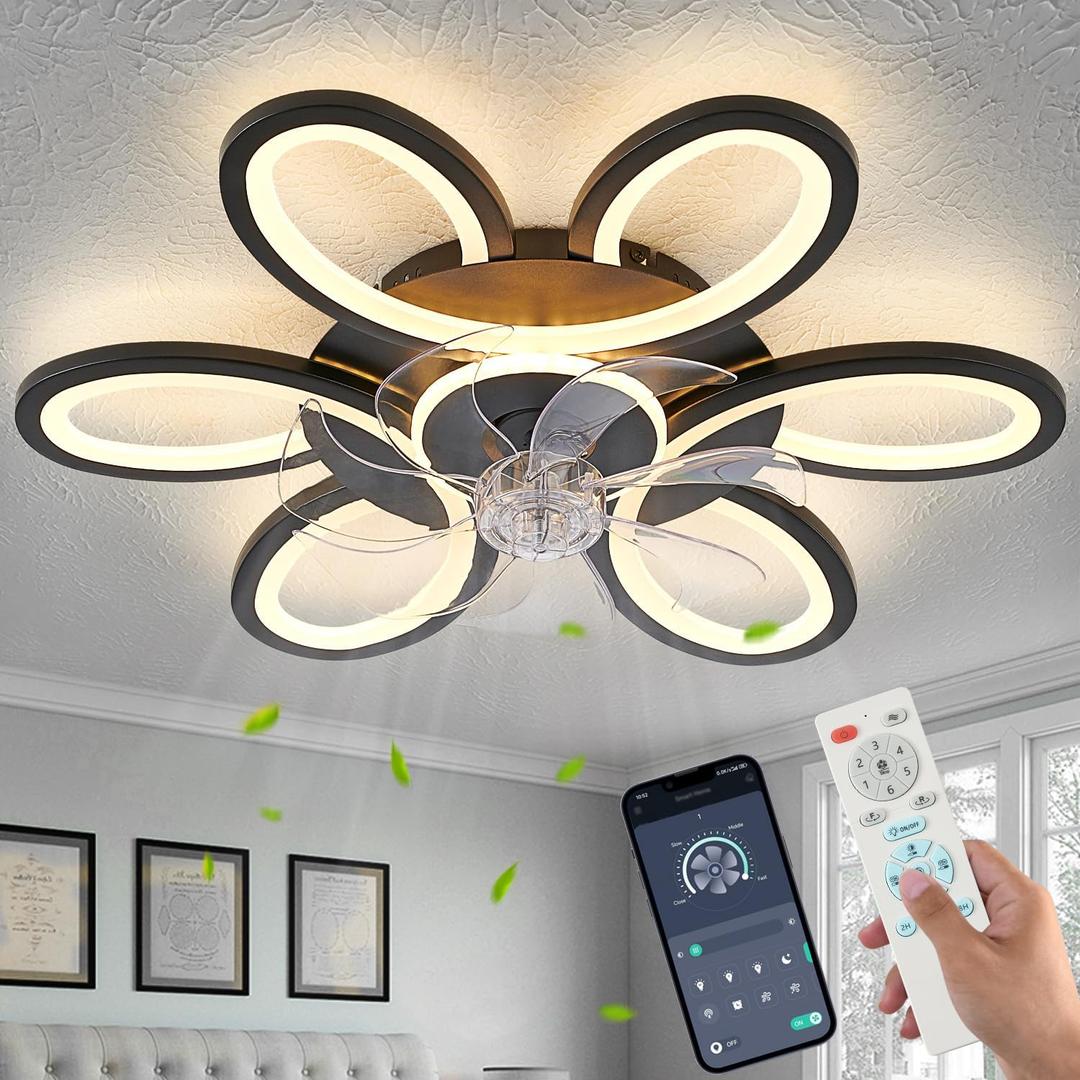 Black-Star Ring Ceiling Fans with Lights and Remote, 27 Inch Modern Low Profile Flush Mount Ceiling Fan, Dimmable LED Ceiling Light Fixture, Small Ceiling Fans for Bedroom, Kitchen, Indoor-Black
