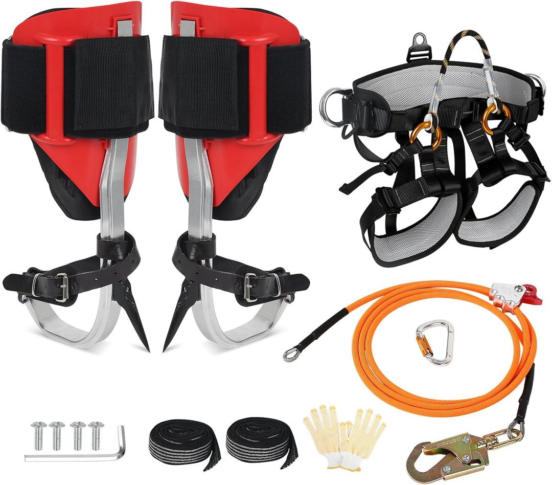 Tree Climbing Spikes Set for Tree Work, Adjustable Tree Climbing Gear with Safety Seat for Tree Climbing and 10FT Steel Wire Core Flip Line Kit for Outdoor Jungle Survival Fruit Picking, Standard